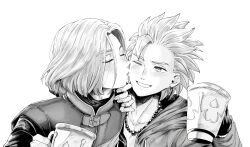 2boys bead_necklace beads blush camus_(dq11) collarbone commentary_request couple cup dragon_quest dragon_quest_xi earrings fingerless_gloves gloves greyscale grin hero_(dq11) highres holding holding_cup jacket jewelry kiss kissing_cheek male_focus medium_hair monochrome multiple_boys necklace one_eye_closed parted_hair short_hair smile spiked_hair tunic upper_body user_muvx7483 yaoi
