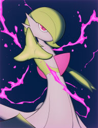 1girl absurdres arm_up big_bang_attack blue_background bob_cut colored_skin dragonball_z energy female_focus fewer_digits flat_chest gardevoir gen_3_pokemon green_hair green_skin hair_over_one_eye highres kihada_magulo looking_at_viewer multicolored_skin nintendo no_mouth one_eye_covered outstretched_arm pink_eyes pokemon pokemon_(creature) reaching reaching_towards_viewer short_hair solo spread_fingers standing two-tone_skin white_skin