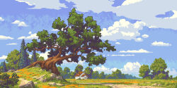 blue_sky cloud day house landscape no_humans original outdoors philipp_urlich pixel_art scenery sky tree