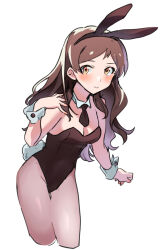 Rule 34 | 1girl, animal ear hairband, animal ears, black leotard, black necktie, blush, breasts, brown eyes, brown hair, cleavage, closed mouth, commentary request, cropped legs, detached collar, fake animal ears, fake tail, hairband, hand up, idolmaster, idolmaster million live!, kitazawa shiho, leaning forward, leotard, long hair, looking to the side, necktie, pantyhose, playboy bunny, rabbit ear hairband, rabbit ears, rabbit tail, shirop imas, sideways glance, simple background, solo, strapless, strapless leotard, sweatdrop, tail, white background, white wrist cuffs, wrist cuffs