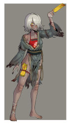 Rule 34 | 1girl, absurdres, bandaged arm, bandaged leg, bandages, between fingers, blush, body freckles, body writing, breasts, chinese clothes, chinese commentary, clenched teeth, collarbone, commentary request, dark-skinned female, dark skin, dirty, dirty clothes, dudou, ebonyxh, eyes visible through hair, flower, freckles, full body, grey background, hair over one eye, highres, holding, looking at viewer, lotus, lotus print, ofuda, ofuda between fingers, open mouth, original, ringed eyes, rope, rope around waist, sash, scar, scar on neck, short hair, simple background, small breasts, solaria (ebonyxh), solo, standing, tally, teeth, torn clothes, white background, white hair, yellow eyes