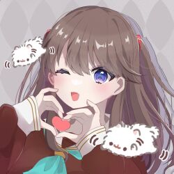 Rule 34 | 1girl, ;d, argyle background, blush, brown dress, brown hair, chibi, chibi inset, closed eyes, commentary request, dress, fujishima megumi, grey background, hasu no sora school uniform, heart, heart hands, heart in heart hands, highres, link! like! love live!, long sleeves, looking at viewer, love live!, mochi (rnochitan), one eye closed, open mouth, parted lips, purple eyes, sailor collar, sailor dress, school uniform, smile, translation request, two side up, u u, virtual youtuber, white sailor collar, winter uniform