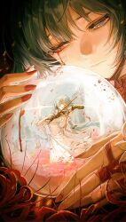 1girl blood bloody_tears closed_mouth commentary deatiose dress english_commentary fingernails grey_eyes grey_hair heterochromia highres holding_orb instrument long_dress long_hair music nail_polish phrolova_(wuthering_waves) playing_instrument red_eyes red_nails red_sky sad sky solo violin white_dress wuthering_waves