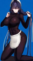 1girl absurdres adapted_costume apron black_bodysuit black_hair blue_background blue_eyes bodysuit braid breasts covered_abs erasorpepero hair_ribbon hat highres hololive hololive_english huge_breasts long_hair low_twin_braids maid_apron mob_cap ouro_kronii ouro_kronii_(maid) ribbon solo toned toned_female twin_braids virtual_youtuber white_ribbon