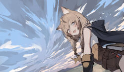 1girl absurdres animal_ears bare_shoulders braid brown_hair brown_shorts cape cat_ears commentary_request cowboy_shot fang highres indie_virtual_youtuber looking_at_viewer open_mouth pointing purple_eyes seorang seorang_(vtuber) shirt short_shorts shorts sleeveless sleeveless_shirt smile solo twin_braids twintails underbust virtual_youtuber white_shirt