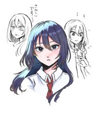 1girl black_eyes blue_hair bright_pupils collared_shirt commentary_request cropped_torso eyelashes flying_sweatdrops furrowed_brow futsuu_no_keion-bu hair_between_eyes highres kameya_san long_hair mi3aki_72kaka9 mole mole_on_cheek mole_under_eye mole_under_mouth multiple_views necktie open_mouth parted_lips partially_colored portrait red_necktie school_uniform shirt tearing_up translated white_pupils white_shirt