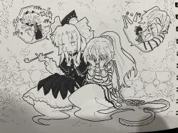 Rule 34 | 3girls, bow, bowtie, capelet, chain, commentary request, covering face, cuffs, detached sleeves, ghost tail, greyscale, hair bow, hair ornament, hakurei reimu, handcuffs, hat, highres, holding, holding smoking pipe, kiseru, long sleeves, mima (touhou), miyadeguchi mizuchi, monochrome, multiple girls, open mouth, outdoors, photo (medium), ponytail, prison clothes, punching, ribbon-trimmed sleeves, ribbon trim, shackles, shirt, sitting, skirt, skull hair ornament, slapping, smoking pipe, striped clothes, striped shirt, striped skirt, sun print, suteruko, touhou, touhou (pc-98), traditional media, translation request, wizard hat