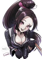 1girl black_gloves black_jacket black_pants breasts brown_eyes brown_hair cleavage collarbone commentary_request fatal_fury fatal_fury:_city_of_the_wolves from_above gloves hand_fan high_ponytail highres holding holding_fan jacket large_breasts leather leather_jacket long_hair long_sleeves looking_at_viewer open_mouth pants parted_bangs partially_unzipped ponytail risatwun shiranui_mai solo street_fighter street_fighter_6 very_long_hair watermark white_background zipper