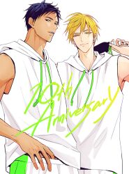 Rule 34 | 2boys, a jou, anniversary, aomine daiki, arm up, bare shoulders, blonde hair, blue hair, bottle, closed mouth, commentary request, cowboy shot, dark-skinned male, dark skin, drawstring, english text, hair between eyes, holding, hood, hood down, hoodie, kise ryouta, kuroko no basuke, looking at viewer, looking to the side, male focus, multicolored clothes, multiple boys, parted lips, short hair, shorts, side-by-side, sideways glance, simple background, sleeveless, sleeveless hoodie, water bottle, white background, white hoodie, yellow eyes