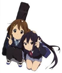 2girls absurdres anime_coloring artist_request bag black_hair black_jacket blazer blue_bag bob_cut brown_eyes brown_hair chin_rest closed_mouth double-parted_bangs from_above grey_ribbon grey_skirt guitar_case hand_on_another&#039;s_head hand_up hands_up happy head_on_head head_rest highres hirasawa_yui instrument_case jacket k-on! kneeling knees_up light_smile long_hair looking_at_viewer looking_up multiple_girls nakano_azusa official_art petal_on_head red_ribbon ribbon sakuragaoka_high_school_uniform scan school_uniform shoes shoulder_bag side-by-side simple_background sitting skirt smile split_mouth third-party_source twintails uwabaki v v-shaped_eyebrows white_background