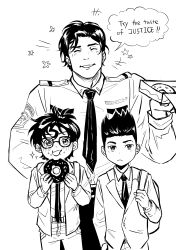 3boys child cropped_legs damian_wayne dc_comics dick_grayson donut food gozerdor jon_samuel_kent male_focus monochrome multiple_boys necktie pastry_box police police_uniform policeman sketch smile speech_bubble super_sons