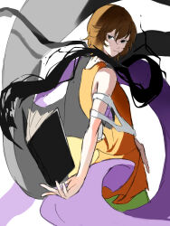 1other androgynous bare_arms bare_shoulders benny_(len&#039;en) black_cape book brown_hair cape closed_mouth cowboy_shot expressionless floating_clothes green_shorts grey_eyes hair_between_eyes highres jacket kuzu_suzumi len&#039;en looking_at_viewer looking_back object_floating_above_hand orange_jacket other_focus purple_scarf scarf short_hair shorts sleeveless sleeveless_jacket solo unworn_scarf white_background yoni.