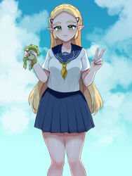 1girl :3 alternate_costume animal blonde_hair blue_sailor_collar blue_skirt blue_sky braid breasts closed_mouth commentary_request contemporary crown_braid feet_out_of_frame green_eyes highres holding holding_animal holding_frog long_hair looking_at_viewer medium_breasts neckerchief nintendo pleated_skirt pointy_ears princess_zelda sailor_collar school_uniform serafuku shirt skirt sky smile solo the_legend_of_zelda the_legend_of_zelda:_breath_of_the_wild v wasabi_(legemd) white_shirt yellow_neckerchief
