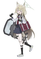 1girl absurdres animal_ear_fluff animal_ears ascot bag ballistic_shield bandaid bandaid_on_knee bandaid_on_leg black_gloves black_socks blonde_hair blue_archive blue_halo blue_sailor_collar blue_skirt blush camera closed_eyes fang fox_ears fox_girl gloves gun halo highres holding holding_bag holding_camera holding_gun holding_shield holding_weapon holster inaba_reito kneehighs kurumi_(blue_archive) long_hair microphone one_side_up open_mouth pleated_skirt red_ascot red_bag sailor_collar shield shirt shoes skin_fang skirt socks solo submachine_gun thigh_holster weapon white_shirt white_shoes