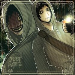 2boys beard_stubble black_gloves black_hair blood blood_from_forehead blood_on_face border clenched_teeth crazy_grin cry_of_fear dual_persona facial_hair fingerless_gloves gloves grey_hoodie hand_in_pocket highres holding holding_phone hood hood_up hoodie just_karmx limited_palette looking_at_another male_focus multiple_boys ornate_border phone short_hair side-eyed simon_henriksson simon_henriksson_(book) stubble taking_picture teeth upper_body