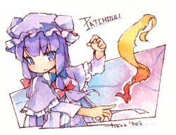 1girl breasts capelet character_name closed_mouth dated dress hat kibayashi_kimori long_hair mob_cap one-hour_drawing_challenge patchouli_knowledge purple_capelet purple_dress purple_eyes purple_hair purple_hat small_breasts solo touhou upper_body