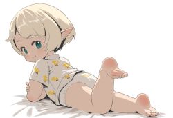 1girl aqua_eyes barefoot blonde_hair closed_mouth commentary_request feet final_fantasy final_fantasy_xiv foot_up from_behind lalafell loli looking_at_viewer lying on_stomach panties pointy_ears shelldy shirt short_hair short_sleeves smile soles solo toes underwear white_background white_panties white_shirt
