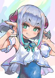 Rule 34 | 1girl, absurdres, armpits, blush, covered navel, green eys, grin, highres, horns, long pointy ears, monomono, navel, original, pointy ears, smile, solo