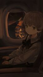 1girl absurdres aircraft airplane airplane_interior black_bow black_bowtie black_skirt bow bowtie brown_eyes brown_hair closed_mouth collared_shirt dark expressionless hatoba_tsugu highres long_sleeves looking_at_viewer mimizu_ningen night one_side_up shirt short_hair sitting skirt solo suspender_skirt suspenders tsugu_(vtuber) virtual_youtuber white_shirt