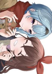 2girls ^_^ absurdres amber_(genshin_impact) black_hairband blue_hair blush brown_hair casual closed_eyes commentary_request crossed_bangs earrings ema eula_(genshin_impact) genshin_impact grin hair_between_eyes hair_ribbon hairband highres holding hotaboshi_yazuki jewelry long_hair multiple_girls purple_eyes red_ribbon red_scarf ribbon scarf smile sparkle teeth yaduki100