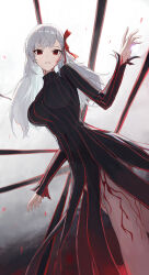 absurdres black_dress body_markings breasts dark_persona dark_sakura dress dutch_angle empty_eyes fate/stay_night fate_(series) fingernails grey_hair hair_ribbon heaven&#039;s_feel highres jianjia large_breasts long_hair long_sleeves looking_at_viewer matou_sakura red_eyes red_ribbon ribbon very_long_hair
