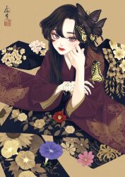 1girl absurdres animal animal_on_head animal_print black_hair bug butterfly butterfly_print floral_print flower hand_up highres insect japanese_clothes kimono lips long_hair looking_at_viewer on_head original print_kimono purple_flower red_flower seal_impression signature skeletal_arm ushiyama_ame white_flower yellow_flower
