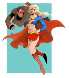 1boy 1girl aki4500199 assertive_female blonde_hair blush boots border breasts cape carrying_over_shoulder clenched_hands crew_neck dc_comics embarrassed fingerless_gloves floating full-face_blush gloves jason_todd kneehighs linea_alba long_hair long_sleeves looking_at_another medium_breasts midriff miniskirt multicolored_hair navel red_boots red_cape red_hood_(dc) simple_background skin_tight skirt smile socks supergirl supergirl_(2004_costume) superhero_costume superman_logo thighhighs toned toned_female two-tone_hair unfinished white_border zettai_ryouiki