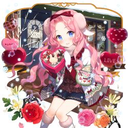 Rule 34 | 1girl, animal ears, blue eyes, blue skirt, box, coat, door, flower, hair ribbon, heart-shaped box, holding, holding box, kaguya fullmoon, kneehighs, long hair, on bench, pink hair, rabbit ears, red ribbon, ribbon, rose, salt (salty), scarf, shop, sitting, skirt, socks, uchi no hime-sama ga ichiban kawaii, wavy hair, white coat, white socks
