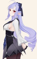 1girl absurdres ahoge arms_behind_back black_hairband black_nails breasts commentary dress drill_hair from_side hairband highres jun_(jun_illustration_aim) long_hair long_sleeves looking_at_viewer mole mole_under_eye parted_lips pointy_ears purple_hair red_eyes ringlets sideboob sidelocks simple_background solo vivian_(zenless_zone_zero) yellow_background zenless_zone_zero