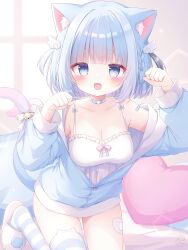 1girl :d absurdres animal_ear_fluff animal_ears bare_shoulders blue_eyes blue_hair blush bow breasts cat_ears cat_girl cat_tail choker cleavage collarbone fang frills hair_ornament highres hood jacket large_breasts long_sleeves looking_at_viewer medium_breasts multicolored_hair off_shoulder open_clothes open_jacket open_mouth original paw_pose ribbon shirt short_hair sitting sleeves_past_wrists smile solo tail tail_ornament thighhighs usami_cocoa virtual_youtuber