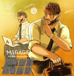 1boy alternate_costume analog_clock apex_legends bag bangalore_(apex_legends) black_eyes black_pants bloodhound_(apex_legends) brown_hair caustic_(apex_legends) character_name clock collared_shirt computer facial_hair finger_to_mouth gibraltar_(apex_legends) goatee goggles goggles_on_head head_tilt holding holding_bag laptop lifeline_(apex_legends) male_focus mirage_(apex_legends) pants pathfinder_(apex_legends) rii_(metro_electro) shirt shushing smile watch white_shirt wraith_(apex_legends) wristwatch