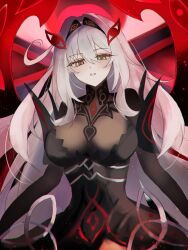 Rule 34 | 1girl, blonde hair, blurry, blurry foreground, commentary request, dress, expressionless, eye symbol, floating, genshin impact, glowing, hair between eyes, hair intakes, hair ornament, head tilt, highres, hinano nikogori, long hair, looking at viewer, looking down, parted lips, pink lips, red background, red wings, ronova (genshin impact), shade, shoulder pads, side ahoge, skin tight, solo, symbol-shaped pupils, teeth, upper body, wavy hair, wings, yellow eyes