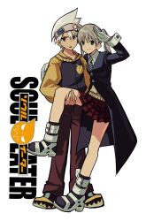1boy 1girl betti_(xx_betti) black_boots black_coat boots brown_hair buttons coat collared_shirt colored_shoe_soles copyright_name full_body gloves green_eyes green_necktie grey_hair hairband highres jacket leg_lift maka_albarn medium_hair miniskirt multicolored_jacket necktie pants plaid_clothes plaid_skirt pleated_skirt red_eyes red_pants red_skirt salute shirt short_hair simple_background skirt soul_eater soul_evans standing standing_on_one_leg sweater_vest twintails white_background white_gloves white_shirt