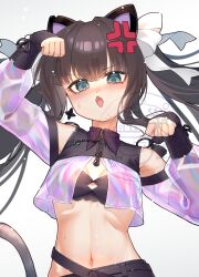 1girl :o anger_vein animal_ears arcaea arm_up arm_warmers bandeau bare_shoulders belt black_bandeau black_belt black_hair black_shorts blue_eyes blush bow breasts cat_ears cat_girl cat_tail cleavage clothing_cutout collared_shirt commentary_request cowboy_shot fang groin hair_between_eyes hair_bow highres long_hair long_sleeves looking_at_viewer medium_breasts midriff navel open_mouth paw_pose see-through_clothes see-through_sleeves shirt shorts shoulder_cutout sidelocks simple_background skin_fang sleeves_past_wrists solo standing sweat tail tairitsu_(arcaea) very_long_hair watermark white_background zipper zipper_pull_tab zonne=quael