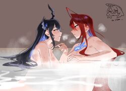 2girls absurdres asymmetrical_horns black_hair black_horns blue_fire blue_hair blush breasts brown_background completely_nude elizabeth_rose_bloodflame fire highres hololive hololive_english horns large_breasts long_hair looking_at_another multicolored_hair multiple_girls nerissa_ravencroft nude partially_submerged profile red_eyes red_hair set7 simple_background two-tone_hair uneven_horns upper_body virtual_youtuber yuri