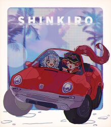 Rule 34 | 2girls, :d, animal hood, baseball cap, black headwear, blue eyes, blue hair, blush, car, driving, earrings, english text, eyewear on head, floating hair, gawr gura, gawr gura (1st costume), hat, heart, heart-shaped eyewear, heart earrings, hololive, hololive english, hood, houshou marine, houshou marine (summer), jewelry, long hair, motor vehicle, multiple girls, official alternate costume, onisan611, open mouth, palm tree, ponytail, red hair, retro artstyle, shark hood, sharp teeth, shinkiro (hololive), smile, teeth, tree, virtual youtuber