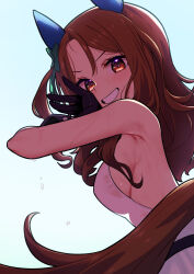 1girl animal_ears bare_shoulders blush breasts brown_eyes brown_hair commentary ear_covers highres horse_ears horse_girl horse_tail king_halo_(umamusume) looking_at_viewer medium_breasts medium_hair missile_(55missile) smile solo sweat tail umamusume