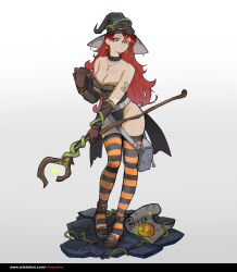 Rule 34 | 1girl, absurdres, ankle strap, artist name, artstation username, bag, black thighhighs, book, breasts, closed mouth, commentary, earrings, english commentary, full body, glasses, gloves, green eyes, handbag, hat, highres, holding, holding book, holding staff, jewelry, long hair, open-toe shoes, orange thighhighs, original, red hair, rimless eyewear, simple background, solo, staff, striped clothes, striped thighhighs, thighhighs, thighs, two-tone thighhighs, uchihaniray, watermark, web address, white background, witch hat