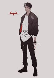1boy ankle_boots batman_(series) batman_symbol blue_eyes bomber_jacket boots crew_neck dc_comics expressionless highres holding holding_knife jacket jason_todd knife lace-up_boots loose_clothes loose_shirt male_focus multicolored_hair open_clothes open_jacket pants pants_tucked_in shirt signature standing stariver00 t-shirt thigh_strap two-tone_hair untucked_shirt white_shirt