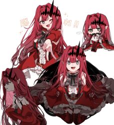 ... 1girl absurdres baobhan_sith_(fate) baobhan_sith_(first_ascension)_(fate) bare_shoulders black_bow blush boots bow breasts cernunnos_(fate) chibi commentary_request detached_sleeves dress fang fate/grand_order fate_(series) frilled_dress frills from_side full_body grey_eyes gyaru_v hair_ornament hand_on_own_chest highres hugging_object long_hair looking_at_viewer multiple_views nail_polish neko_(h_i05) one_eye_closed open_mouth pointy_ears red_dress red_footwear red_hair red_nails sidelocks sitting skin_fang smile speech_bubble stuffed_toy sweatdrop tearing_up thigh_boots upper_body v wariza white_background