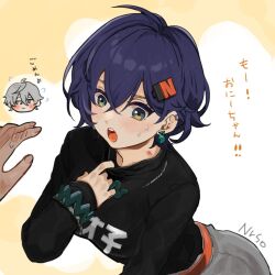 1boy 1girl :o ahoge artist_name belle_(zenless_zone_zero) belt black_shirt blue_hair blush bracelet brother_and_sister colored_eyelashes crossed_bangs ear_piercing furrowed_brow green_eyes grey_skirt hair_ornament hand_blush hickey implied_incest jewelry letter_hair_ornament mismatched_eyebrows necklace nrso24944 orange_belt out_of_frame piercing pulling_own_clothes shirt siblings simple_background skirt sweat turtleneck wise_(zenless_zone_zero) zenless_zone_zero