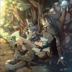00s chocolate eating food food_in_mouth forest gen_4_pokemon lucario multiple_boys nature nintendo pokemon pokemon:_lucario_and_the_mystery_of_mew pokemon_(anime) pokemon_(creature) pokemon_dppt pokemon_rse_(anime) riolu sir_arlon sitting smile sweets tore