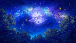 absurdres au_ito bell chibikemo creature fire forest furry grass highres lunlun_(nijisanji) milky_way nature neck_bell night night_sky nijisanji no_humans outdoors purple_fire purple_fur shooting_star sky star_(sky) starry_sky tree virtual_youtuber