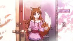 1girl animal_ear_fluff animal_ears argent_moon brown_eyes brown_hair clenched_hands collarbone commentary door doorway english_commentary fang holo looking_at_viewer open_mouth parody smile solo spice_and_wolf tail umbrella wolf_ears wolf_girl_with_you wolf_tail