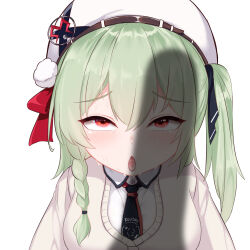 Rule 34 | 1girl, beret, black necktie, blush, braid, cardigan, collared shirt, green hair, hair between eyes, hat, highres, huanxiang koudai meow, indie virtual youtuber, instant loss, long hair, long sleeves, looking at penis, looking at viewer, looking up, mesugaki, mozhe inkian, necktie, nervous sweating, one side up, open mouth, penis awe, penis shadow, portrait, red eyes, rolling eyes, shirt, simple background, solo, sweat, tongue, upper body, white hat, white shirt