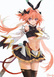 1boy absurdres animal_ears artist_name astolfo_(fate) astolfo_(saber)_(fate) astolfo_(saber)_(first_ascension)_(fate) bare_shoulders black_bow bow closed_mouth cowboy_shot crop_top detached_sleeves fake_animal_ears fang fang_qiao fate/grand_order fate_(series) gold_trim hair_bow hair_intakes hand_on_own_chest highres long_hair low_twintails male_focus multiple_hair_bows navel pink_hair pleated_skirt rabbit_ears scabbard sheath simple_background skirt solo thighhighs trap twintails white_background wide_sleeves zettai_ryouiki