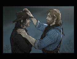 Rule 34 | 2boys, arm hair, arthur morgan, beard, black border, black hair, blue shirt, border, cowboy hat, facial hair, from side, grimace, hand on another&#039;s head, hat, highres, john marston, male focus, mature male, multiple boys, nyeigneous, outdoors, overcast, parted lips, red dead redemption (series), red dead redemption 2, shirt, sky, upper body