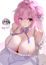1girl :3 absurdres bare_shoulders blush bow breasts cleavage closed_mouth creature detached_sleeves doro_(nikke) dorothy_(nikke) dress flower-shaped_hair frilled_dress frills goddess_of_victory:_nikke hair_between_eyes hair_bun hair_intakes hair_ornament highres huge_breasts long_hair looking_at_viewer pink_hair purple_bow purple_eyes purple_ribbon reiami ribbon shiny_eyes simple_background single_side_bun smile solo very_long_hair white_background white_dress