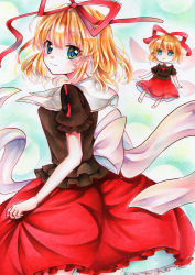 2girls blonde_hair blue_eyes blush breasts frills green_eyes hair_ribbon kimidori_kisuke looking_at_viewer marker_(medium) medicine_melancholy medium_hair multicolored_eyes multiple_girls puffy_short_sleeves puffy_sleeves red_ribbon red_skirt ribbon short_sleeves skirt small_breasts smile su-san touhou traditional_media white_ribbon