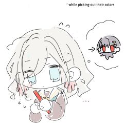 Rule 34 | ..., 2girls, aqua neckerchief, arrow (symbol), blue eyes, brown dress, ceras yanagida lilienfeld, chibi, chibi only, col person, commentary, dress, english commentary, english text, flying sweatdrops, glowstick, grey hair, hair ornament, hair ribbon, hasu no sora school uniform, highres, holding, holding glowstick, katsuragi izumi, link! like! love live!, long sleeves, love live!, multiple girls, neckerchief, orange eyes, pink ribbon, ribbon, sailor collar, sailor dress, school uniform, simple background, speech bubble, spoken character, swept bangs, thought bubble, triangle hair ornament, virtual youtuber, white background, white sailor collar, winter uniform, wolf cut